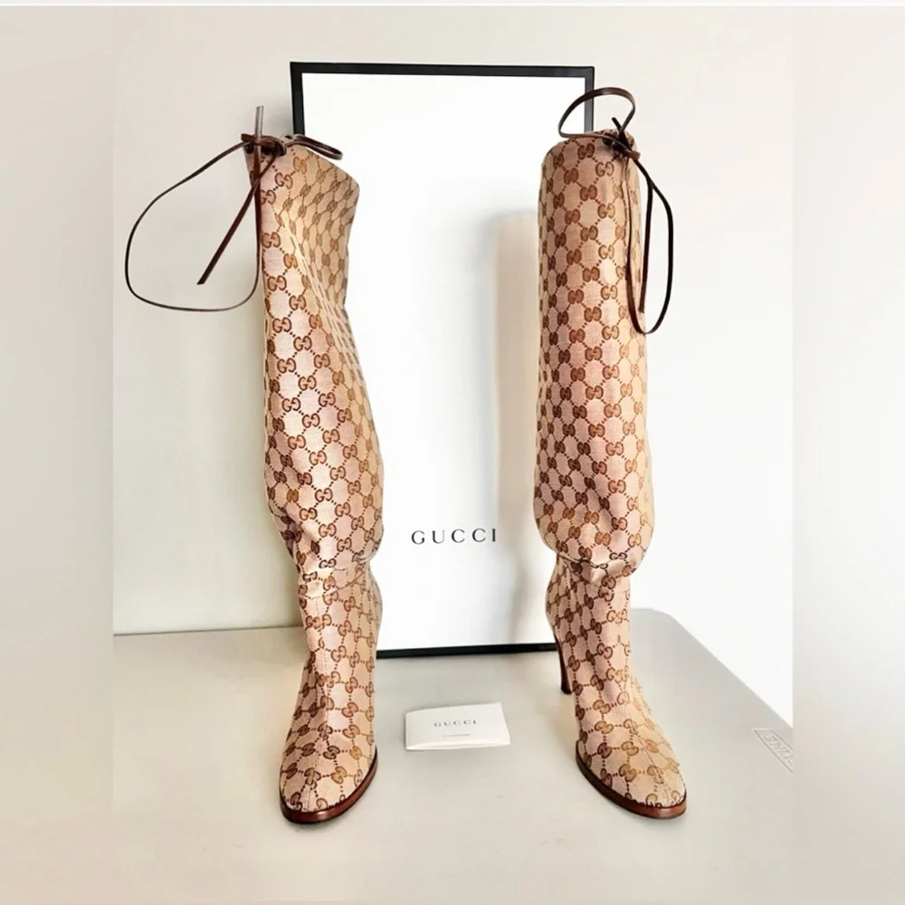 Gucci Beige GG Monogram Knee-High Boots - Picture 6 of 10